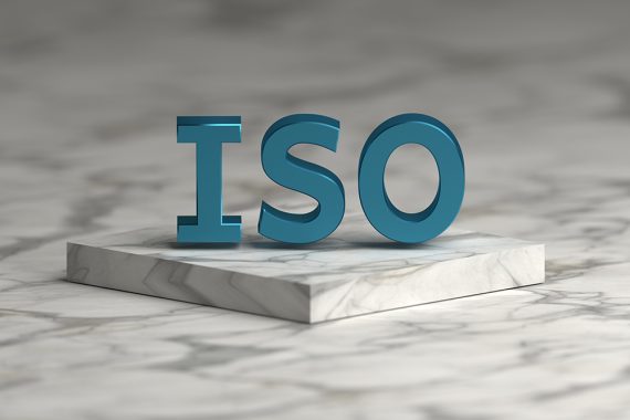 Blue shiny metallic ISO word over marble pedestal podium. 3d illustration.